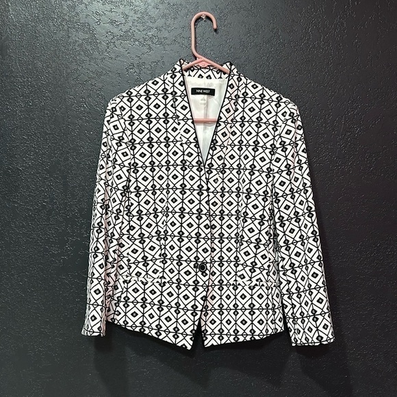 Nine West Cropped Blazer Black White Geometric Womens Size 12 - Picture 1 of 6